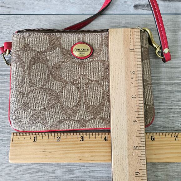 Coach Peyton Signature Brown & Pink Wristlet Gold Logo Card Holder Wallet Pouch - Picture 12 of 15